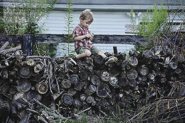 Junge in voller Länge auf gestapelten Baumstämmen im Bauernhof sitzend