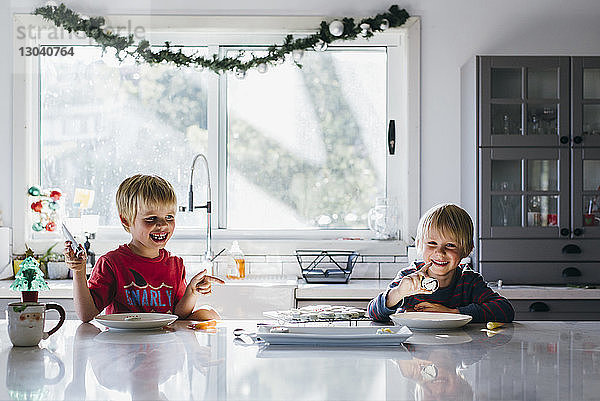 Glückliche Brüder beim Dessert zu Weihnachten zu Hause