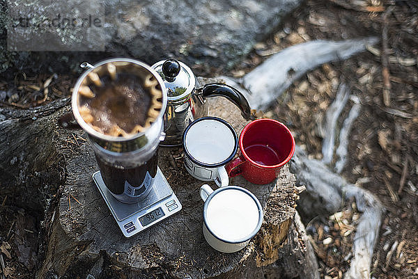 Hochwinkelansicht von Kaffeetassen und Kessel auf Baumstumpf auf dem Campingplatz
