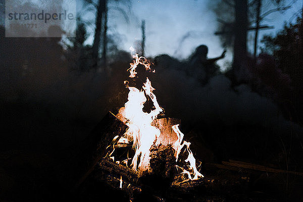 Nahaufnahme eines Lagerfeuers  das in der Dämmerung auf einem Feld im Wald brannte