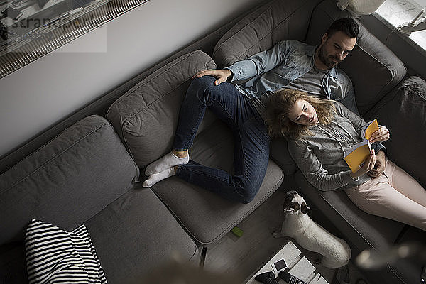 Hochwinkelansicht eines Paares  das ein Buch liest  während es sich zu Hause auf dem Sofa einer französischen Bulldogge entspannt