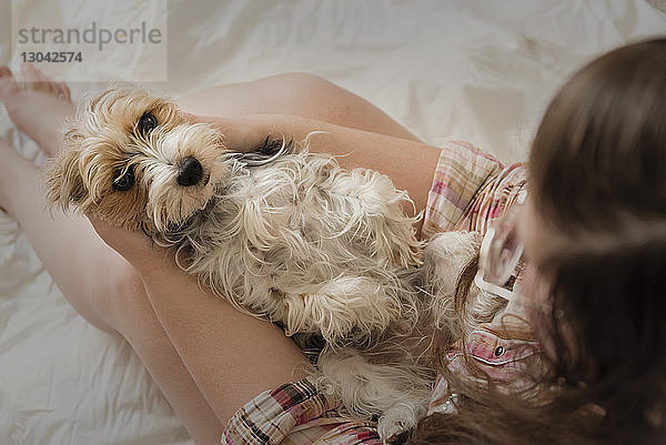 Schrägaufnahme eines Teenager-Mädchens  das zu Hause auf dem Bett mit dem Yorkshire Terrier spielt