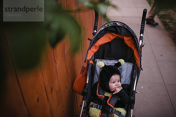 Schrägansicht eines süßen Neugeborenen im Bienenkostüm im Kinderwagen auf dem Fußweg zu Halloween