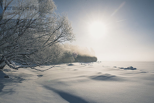 Szenische Ansicht einer schneebedeckten Landschaft gegen den Himmel bei sonnigem Wetter