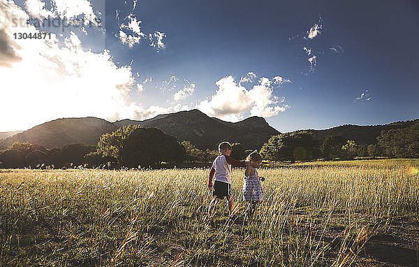 Geschwister laufen auf Grasfeld durch Berge gegen den Himmel