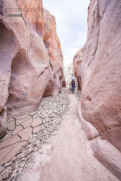 Frau in voller Länge mit Hund in der Buckskin Gulch