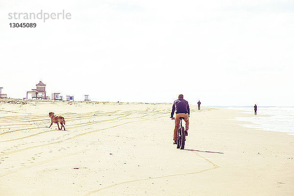Rückansicht eines Mannes beim Fahrradfahren am Strand bei klarem Himmel
