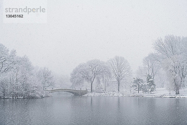 Bogenbrücke über den See inmitten kahler Bäume bei Schneefall