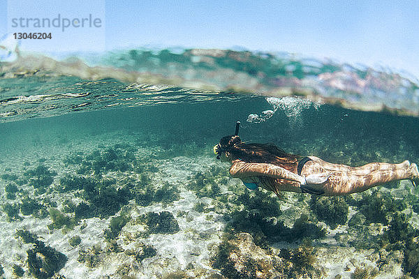 Seitenansicht einer Frau im Bikini beim Schnorcheln unter Wasser