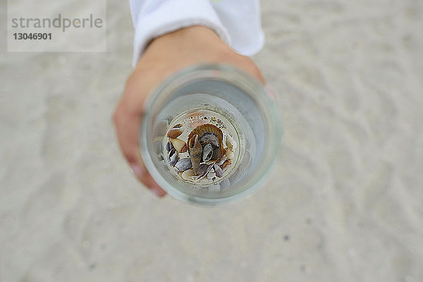 Draufsicht auf ein Mädchen  das am Strand ein Glas mit Muscheln in der Hand hält