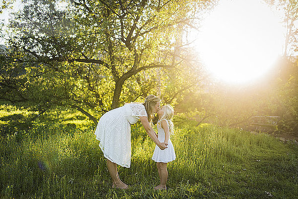 Seitenansicht einer schwangeren Mutter  die ihre Tochter küsst  während sie auf einem Grasfeld im Park steht