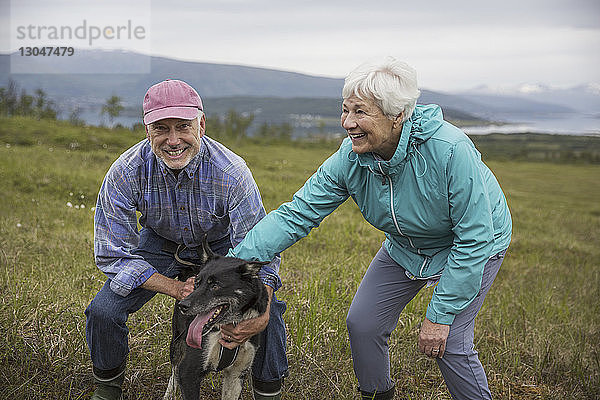 Glückliches älteres Ehepaar spielt mit Hund  während es auf Grasfeld gegen den Himmel steht