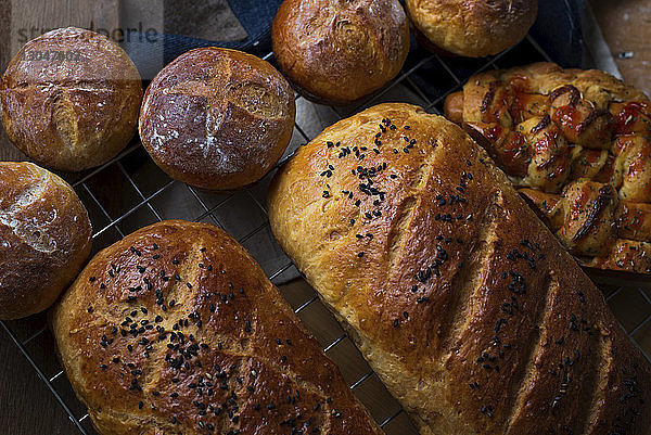Draufsicht auf frisch gebackene Brote auf einem Kühlgestell zu Hause
