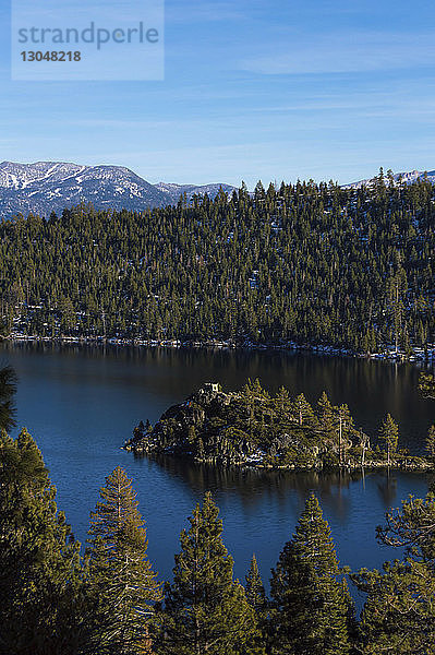 Landschaftliche Ansicht eines ruhigen Sees inmitten von Bäumen vor blauem Himmel