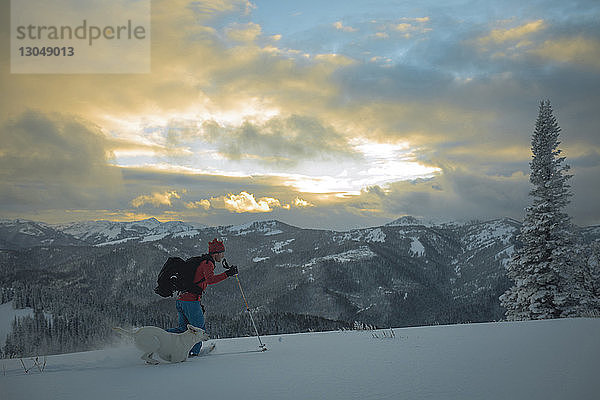 Seitenansicht eines Mannes mit Hund beim Skifahren auf einem schneebedeckten Feld