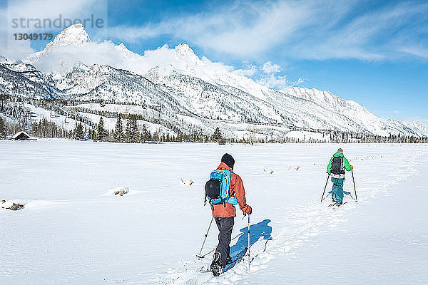 Rückansicht von Skifahrern  die auf dem Feld gegen einen schneebedeckten Berg laufen