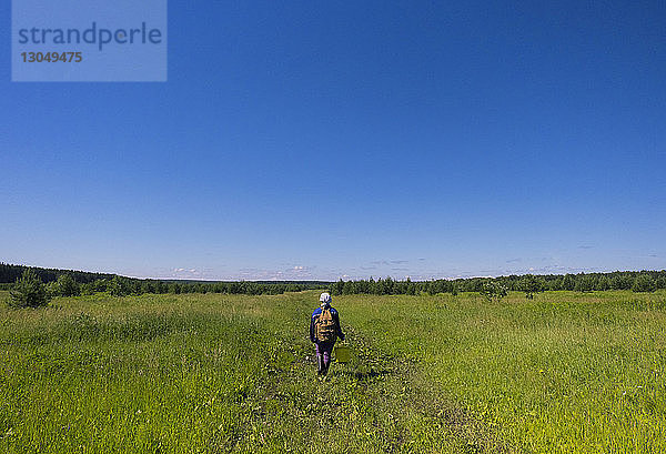 Rückansicht einer Wanderin mit Rucksack  die auf einem Grasfeld vor strahlend blauem Himmel wandert