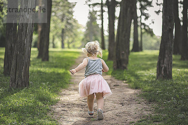 Rückansicht eines Mädchens  das auf einem Fußweg inmitten von Bäumen im Park läuft