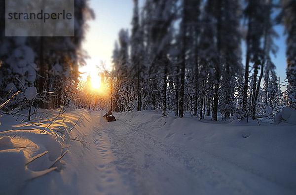 Freunde fahren bei Sonnenuntergang Schneemobil auf dem Feld