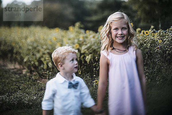 Bildnis der glücklichen Schwester mit Bruder auf Sonnenblumenfeld stehend