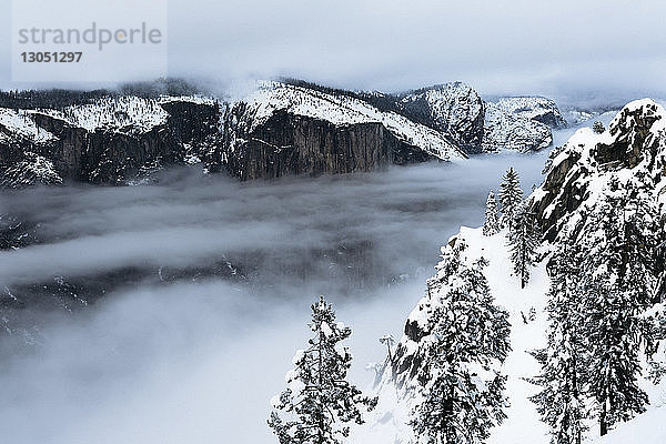 Hochwinkelansicht von Bäumen und Bergen bei nebligem Wetter im Yosemite-Nationalpark