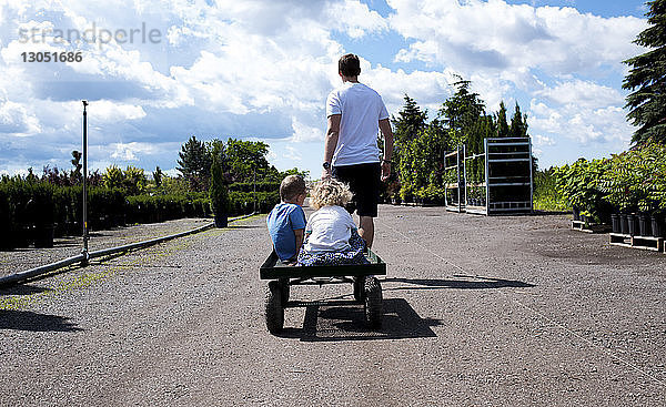Rückansicht eines Vaters  der Kindern bei sonnigem Wetter Spielzeugwagenfahrten anbietet
