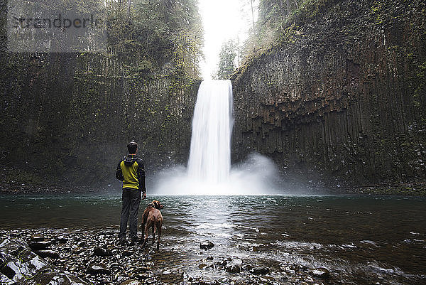 Rückansicht eines Mannes mit Hund beim Blick auf den Wasserfall