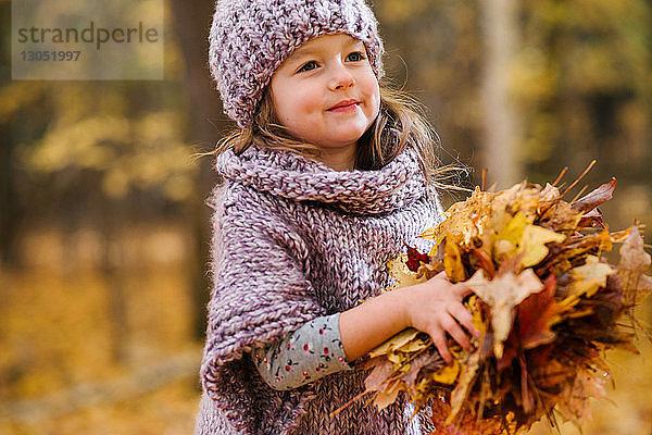 Kleines Mädchen mit einer Handvoll Herbstblätter