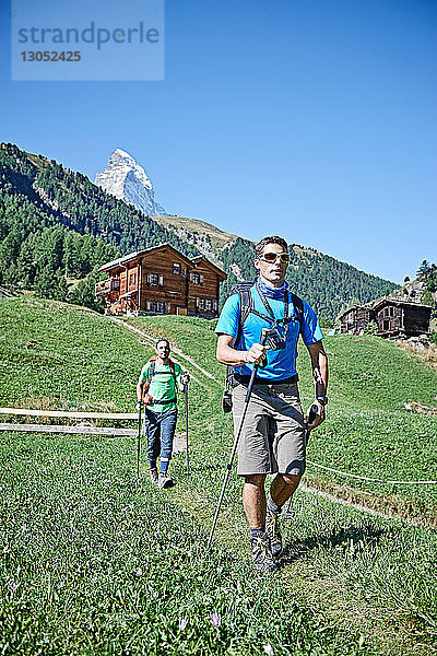 Wanderer auf saftig grünem Feld  Chalets im Hintergrund  Mont Cervin  Matterhorn  Wallis  Schweiz