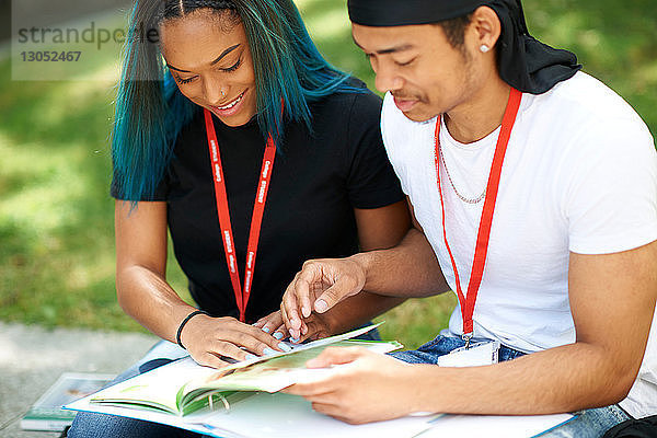 College-Studenten beim Lesen und Sprechen auf dem Campus