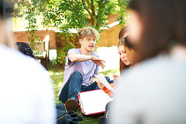 Männliche und weibliche Hochschulstudenten diskutieren über Papierkram auf dem Rasen des College-Campus  Blick über die Schulter
