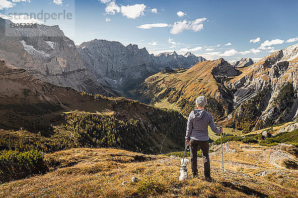 Wanderer und Haushund genießen Aussicht  Karwendelregion  Hinterriss  Tirol  Österreich