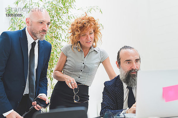 Geschäftsfrau und Männer schauen auf Laptop auf Bürotisch