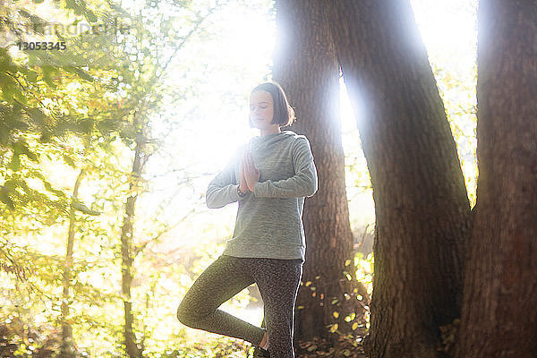 Langlaufjogger praktiziert Yoga im Park