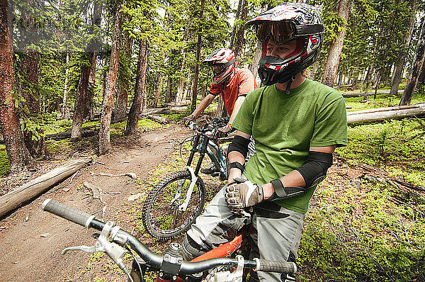 Mountainbiker schauen weg  während sie im Wald auf Fahrrädern sitzen