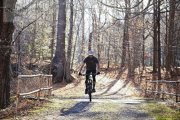 Mann mit Mountainbike im Wald