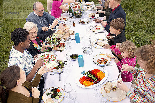 Schrägaufnahme von Familie und Freunden beim Essen am Picknicktisch