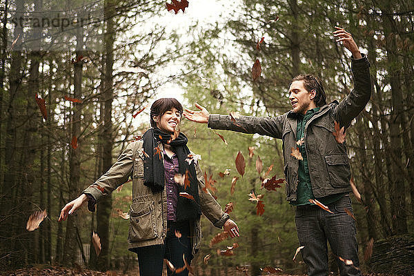 Verspieltes Paar  das im Wald stehend Blätter wirft