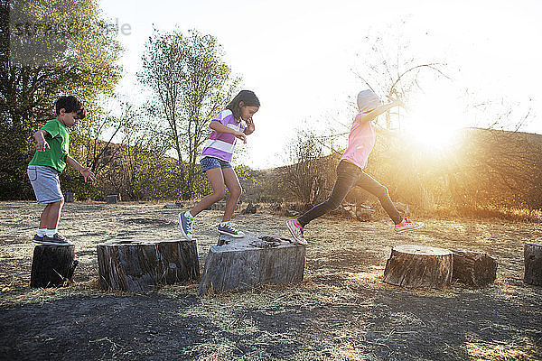 Kinder spielen auf Trittsteinen auf dem Feld gegen den Himmel