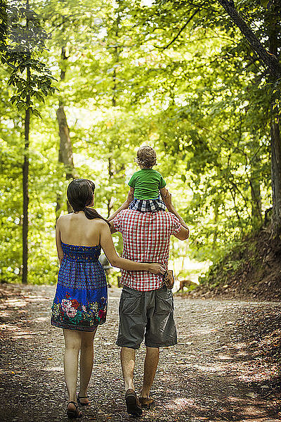 Rückansicht eines Mannes  der seinen Sohn auf den Schultern trägt  während er mit einer Frau im Wald spazieren geht