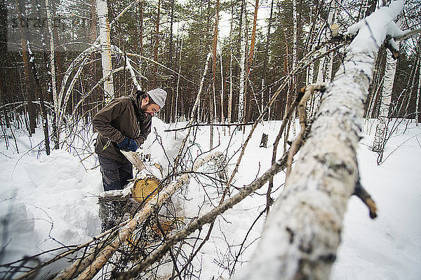 Mann schlägt Baumstamm in schneebedecktem Wald