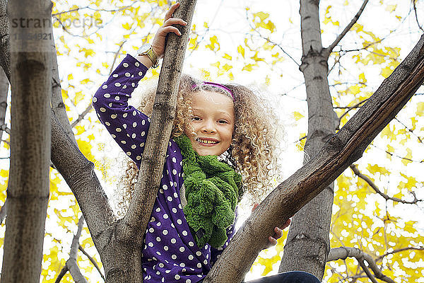 Porträt eines fröhlichen Mädchens auf einem Ast eines Baumes sitzend