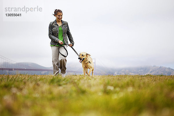Glückliche Frau geht mit Hund auf Grasfeld vor bewölktem Himmel