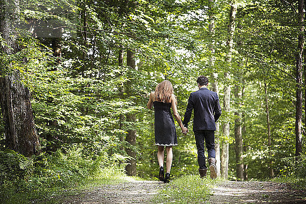 Rückansicht eines Paares  das sich beim Gehen auf einem Feldweg im Wald an den Händen hält