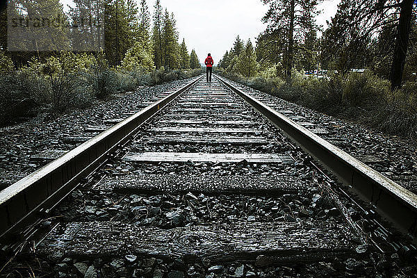 Rückansicht einer Frau  die auf einer Eisenbahnschiene im Wald geht