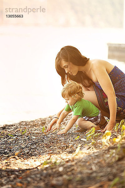 Seitenansicht einer Mutter  die mit ihrem Sohn spielt  während sie am Seeufer kauert