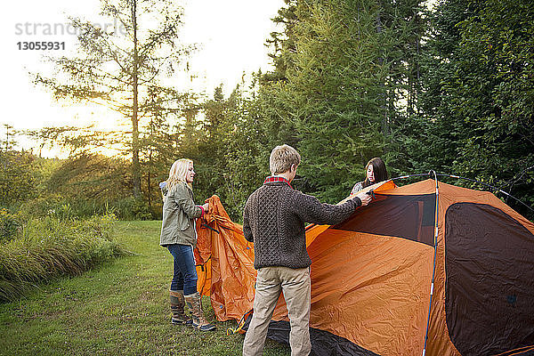 Freunde bereiten Zelt auf Feld im Wald vor