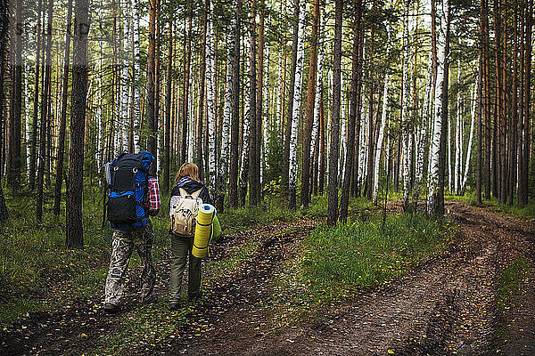 Rückansicht eines Mannes und einer Frau mit Rucksack beim Waldspaziergang