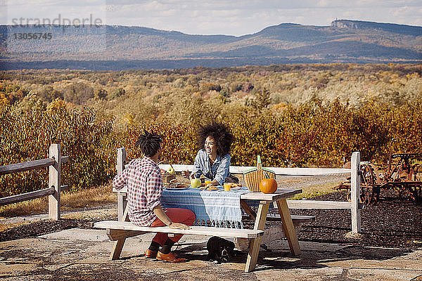 Fröhliches Paar am Picknicktisch an einem sonnigen Tag