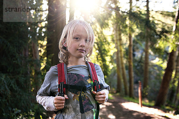 Bildnis eines im Wald stehenden Jungen mit Rucksack